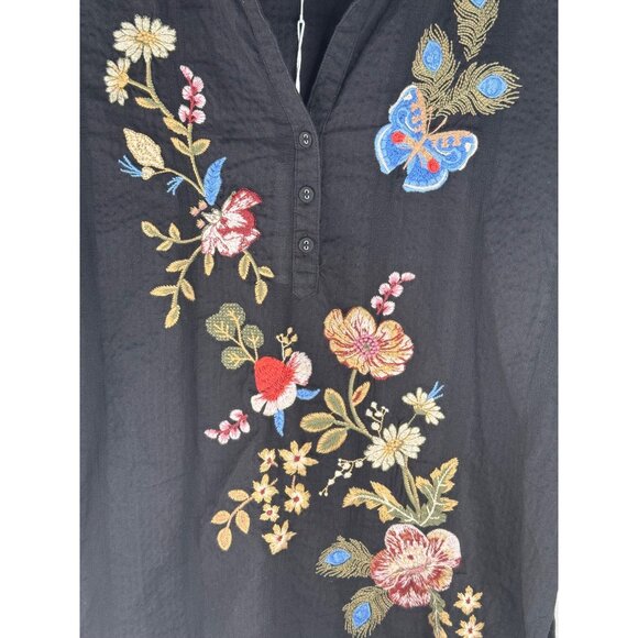 Johnny Was Ruffle Sleeve Henley Silk Tunic Embroidered Black Florrie Size S $255 - Picture 5 of 9
